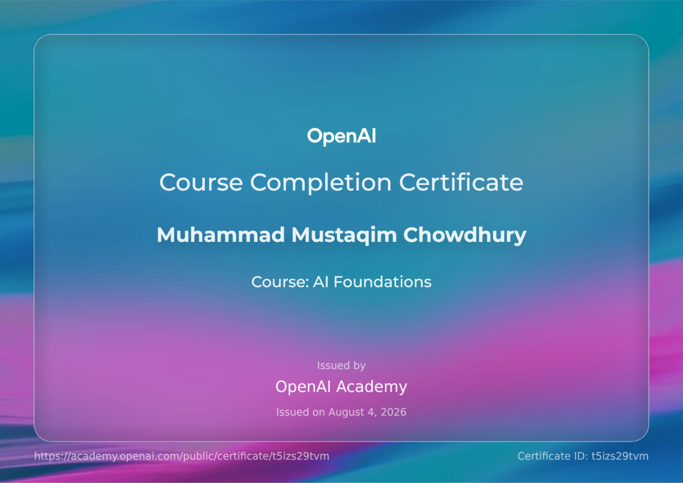 AI Foundations course completion certificate issued by OpenAI Academy to Muhammad Mustaqim Chowdhury